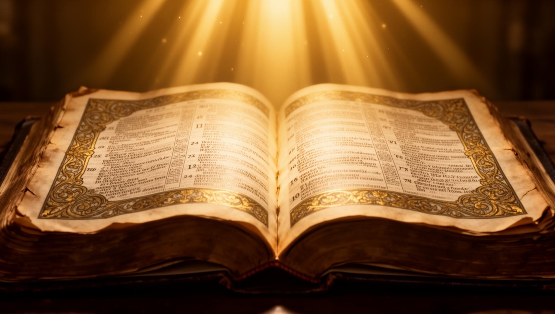 An open Bible illuminated by warm light